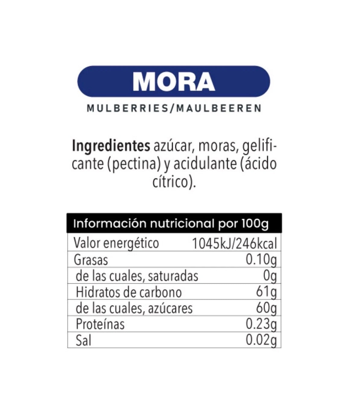 Mermelada de mora canaria Gourmet, 240 g, con frambuesas negras y textura cremosa, en tarro de vidrio.