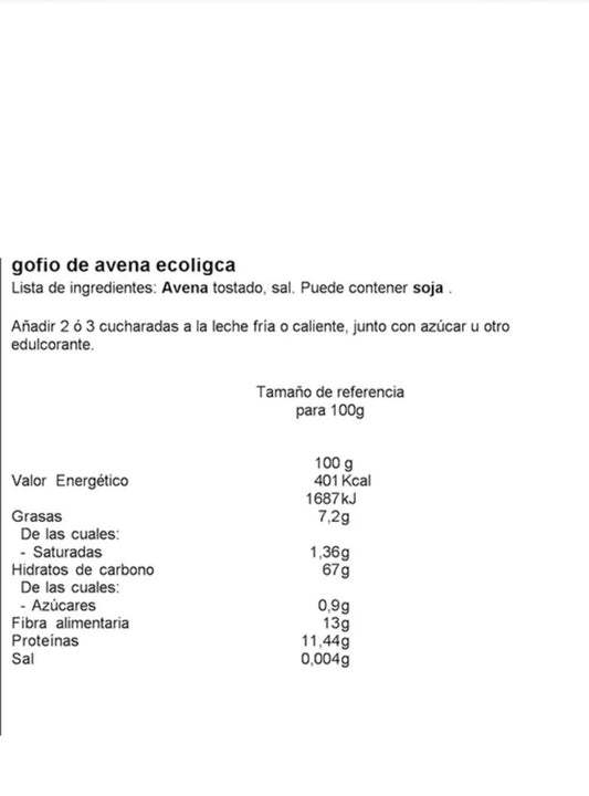 Gofio de avena ecológico Tropical Canary Shop, envase de 450 g, producto natural y orgánico de la Piña Gofio de Avena.