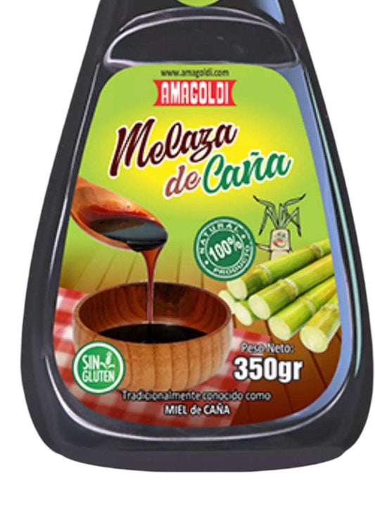 Melaza canaria de caña Amagoldi en frasco de 350g, miel de caña de azúcar natural y dulce de las Islas Canarias.