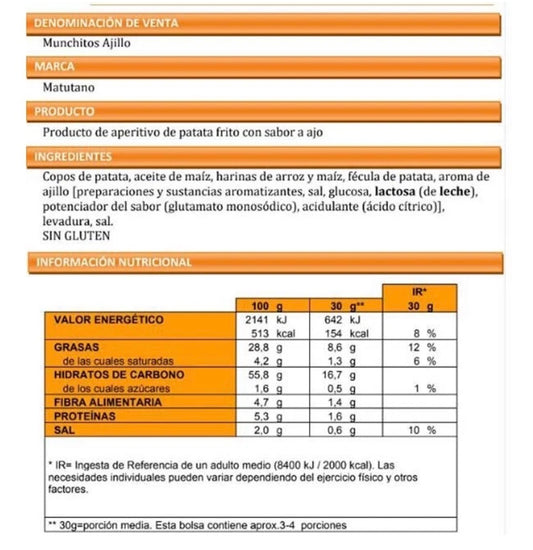 Munchitos Snack papas fritas Canarias sabor AJILLO 160g