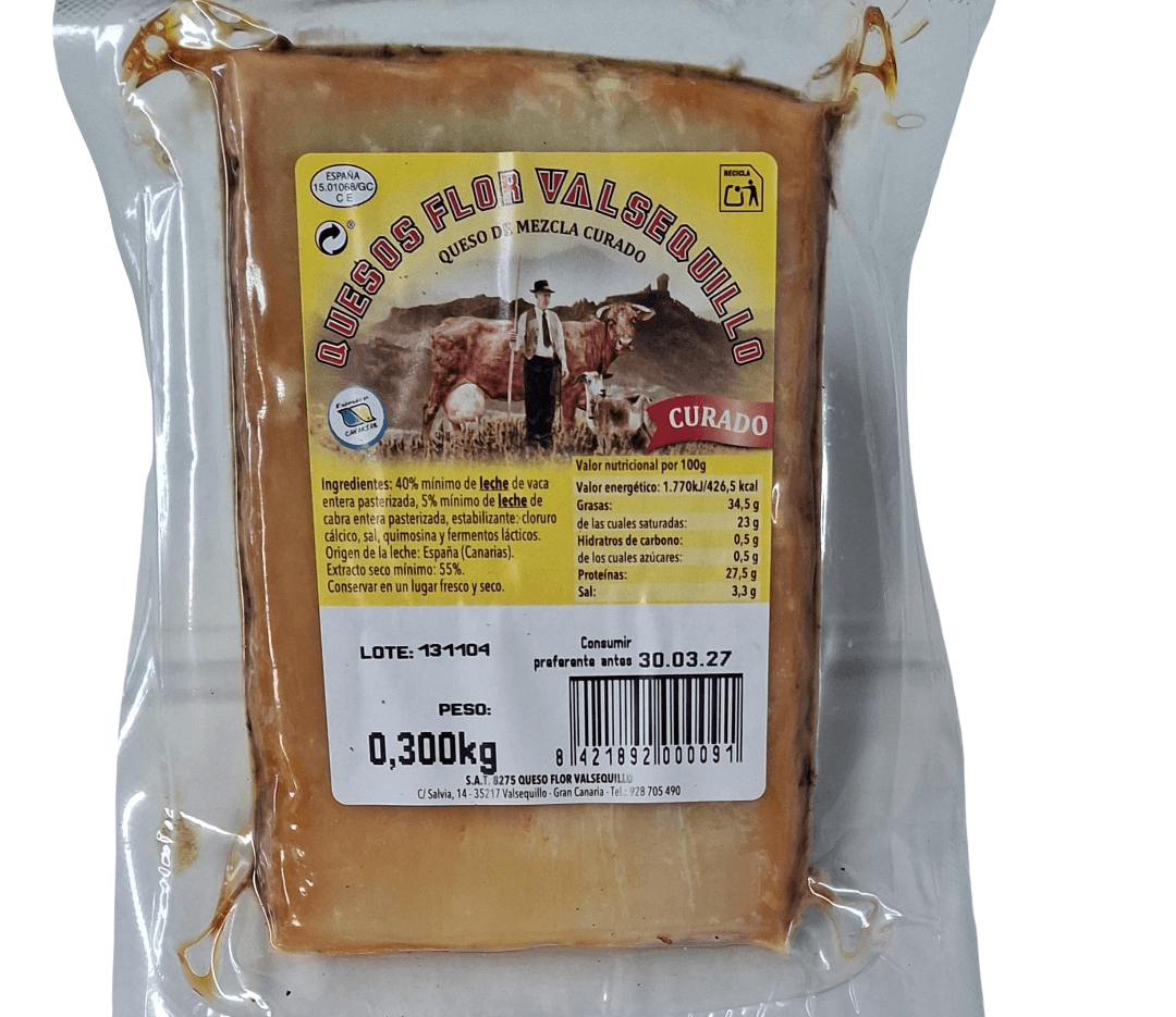 Queso de mezcla curado Flor Valsequillo de vaca y cabra, 300g, con corte en rebanadas, queso artesanal de Gran Canaria.