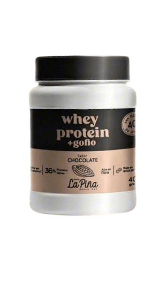 Proteína de suero con gofio de chocolate Tropical Canary, sabor a piña, envase de 400g, en un frasco con etiqueta.