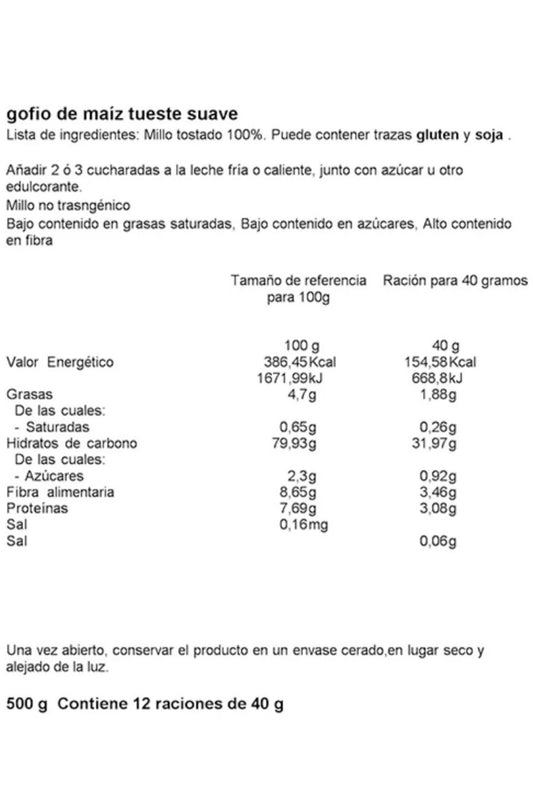 Harina de maíz Gofio de las Islas Canarias, marca La Piña, en envase de 500g, con logotipo y paquete de Gofio La Piña.