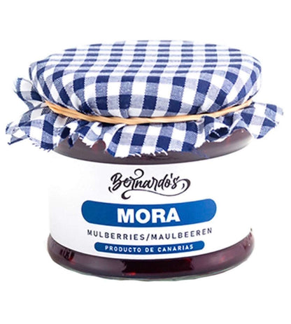 Mermelada de mora canaria Tropical Canary Shop en frasco de 240g, con mora negra y textura frutal brillante.