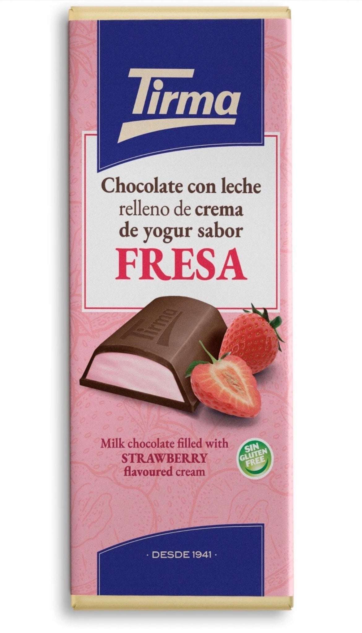 Variedad de 5 chocolates Tirma de sabores canarios: fresa, naranja, plátano y menta, en presentación de producto.
