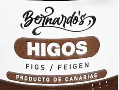 Mermelada canaria de higo artesanal y natural en frasco de 240g, con etiquetas y contenido de higos en la imagen.
