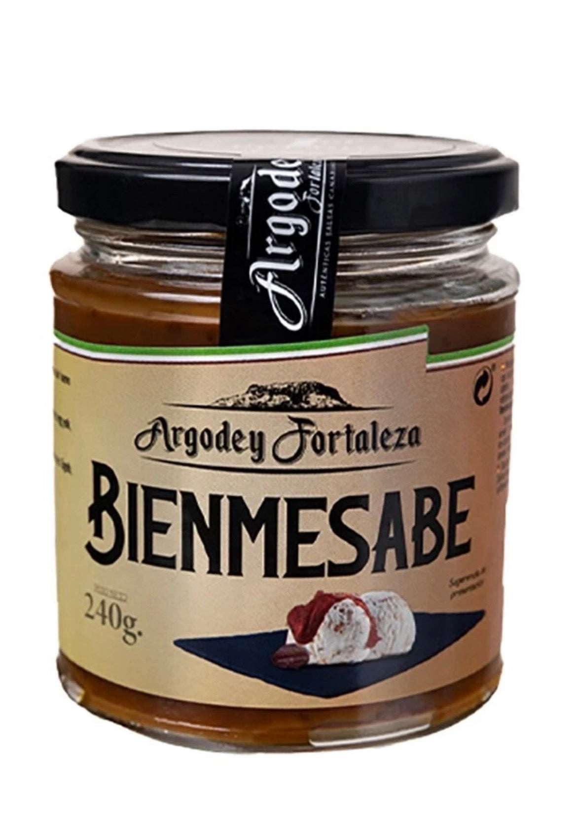 Mermelada Argodey Fortaleza Bienmesabe Tropical Canary Shop en frasco de 200g, con etiqueta y textura de la mermelada en la imagen.