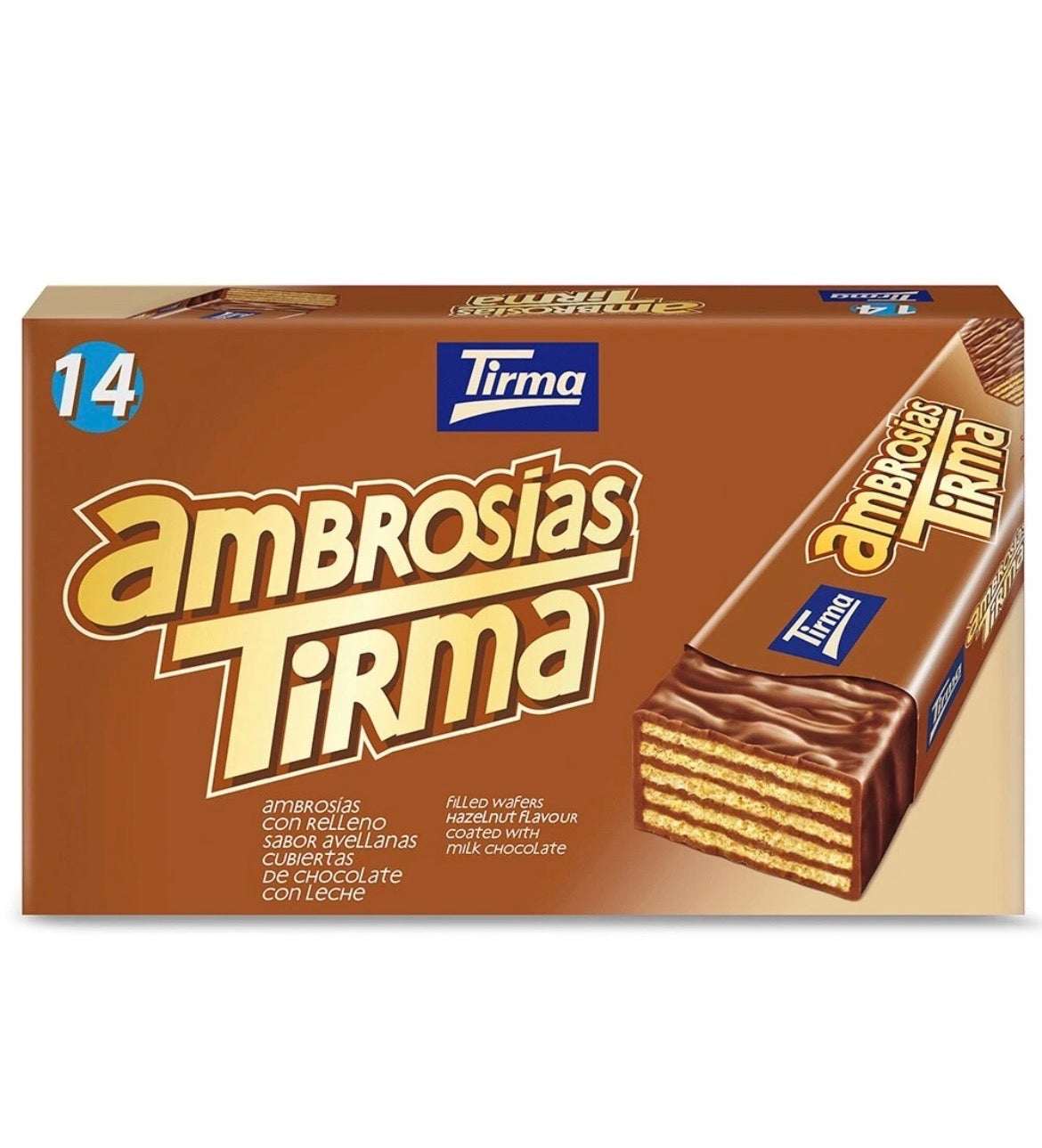 Chocolates Tirma Ambrosías de Avellana, tradicionales de Canarias, en caja con 14 unidades, envase de chocolates de avellana.