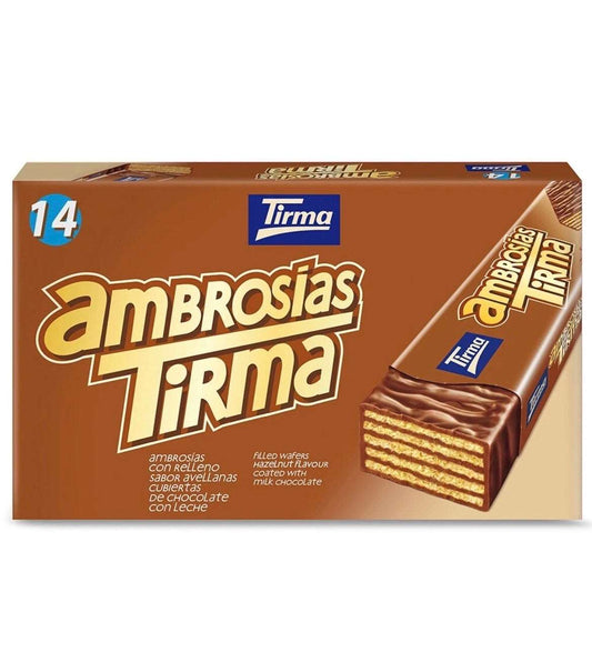 Chocolates Tirma Ambrosías de Avellana, tradicionales de Canarias, en caja con 14 unidades, envase de chocolates de avellana.