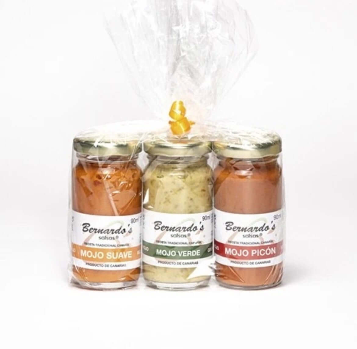 Trío de mojos canarios suaves, verdes y picantes en tres botes de 90g, sabor auténtico de Canarias, de Tropical Canary Shop.