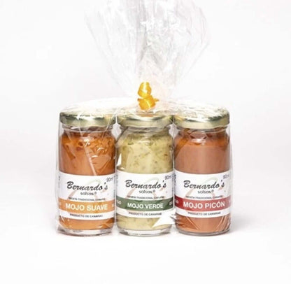 Trío de mojos canarios suaves, verdes y picantes en tres botes de 90g, sabor auténtico de Canarias, de Tropical Canary Shop.