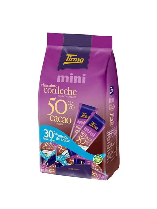 Chocolates Tirma Mini Canario con 50% cacao, paquete con 18 unidades, sabor auténtico de chocolate canario.