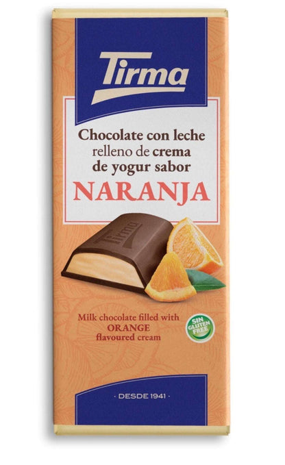 Paquete de 5 chocolates Tirma de sabores canarios: fresa, naranja, plátano y menta, con envoltorios coloridos.