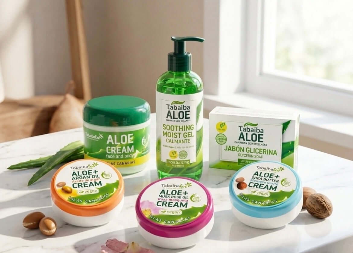 Gel y jabón de aloe vera original de Canarias en paquete de 6, cuidado natural y hidratante para la piel.