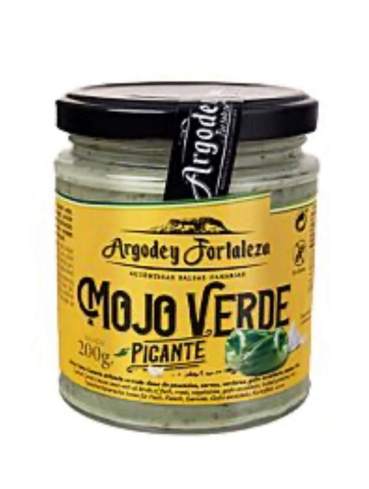 Mojo verde picante de las Islas Canarias en frasco de 200g, con salsa de color verde y textura cremosa.
