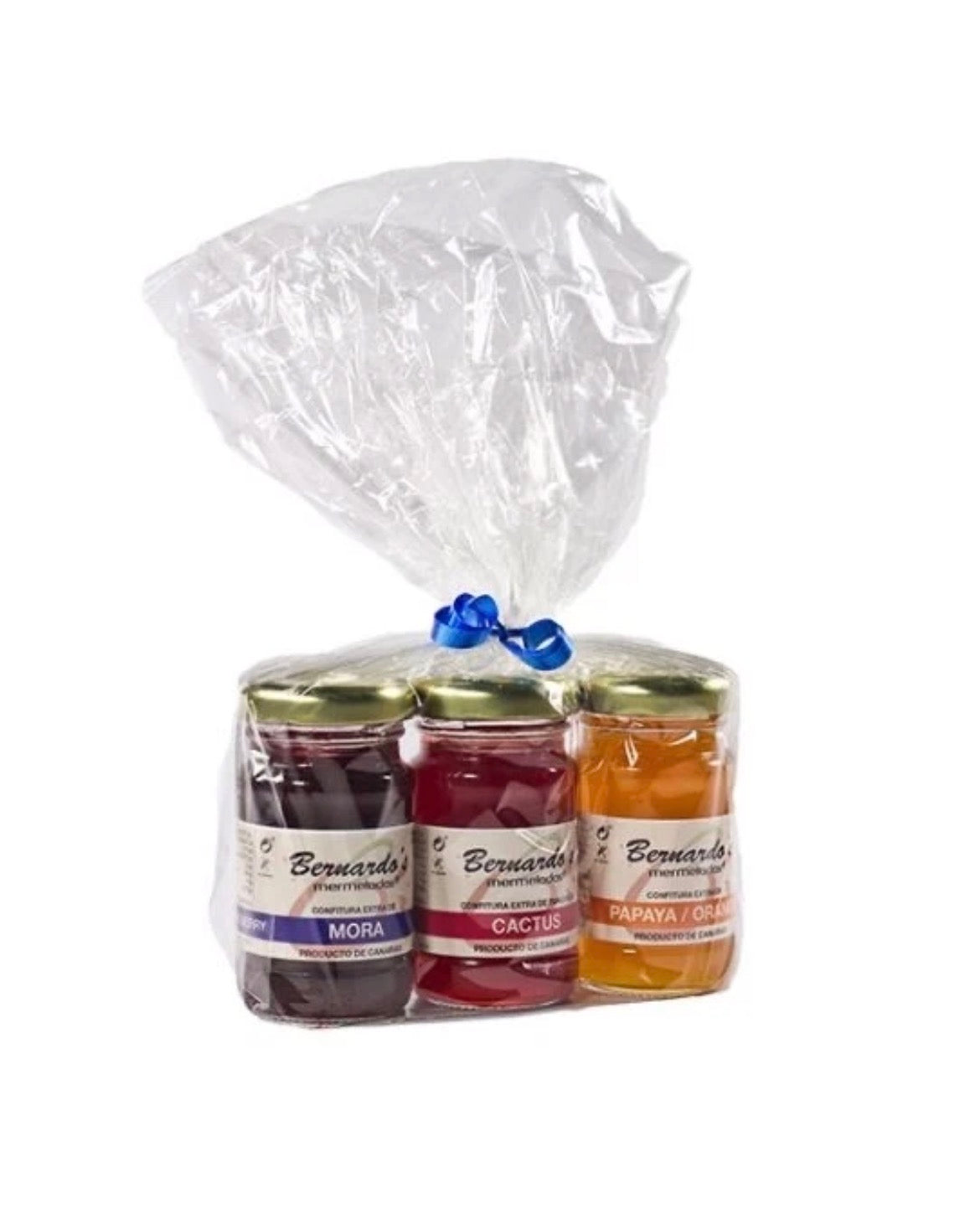 Trío de mermeladas Canarias Bernardo’s con sabores de mora, cactus y plátano en frascos de 65g cada uno, sabor canario natural.