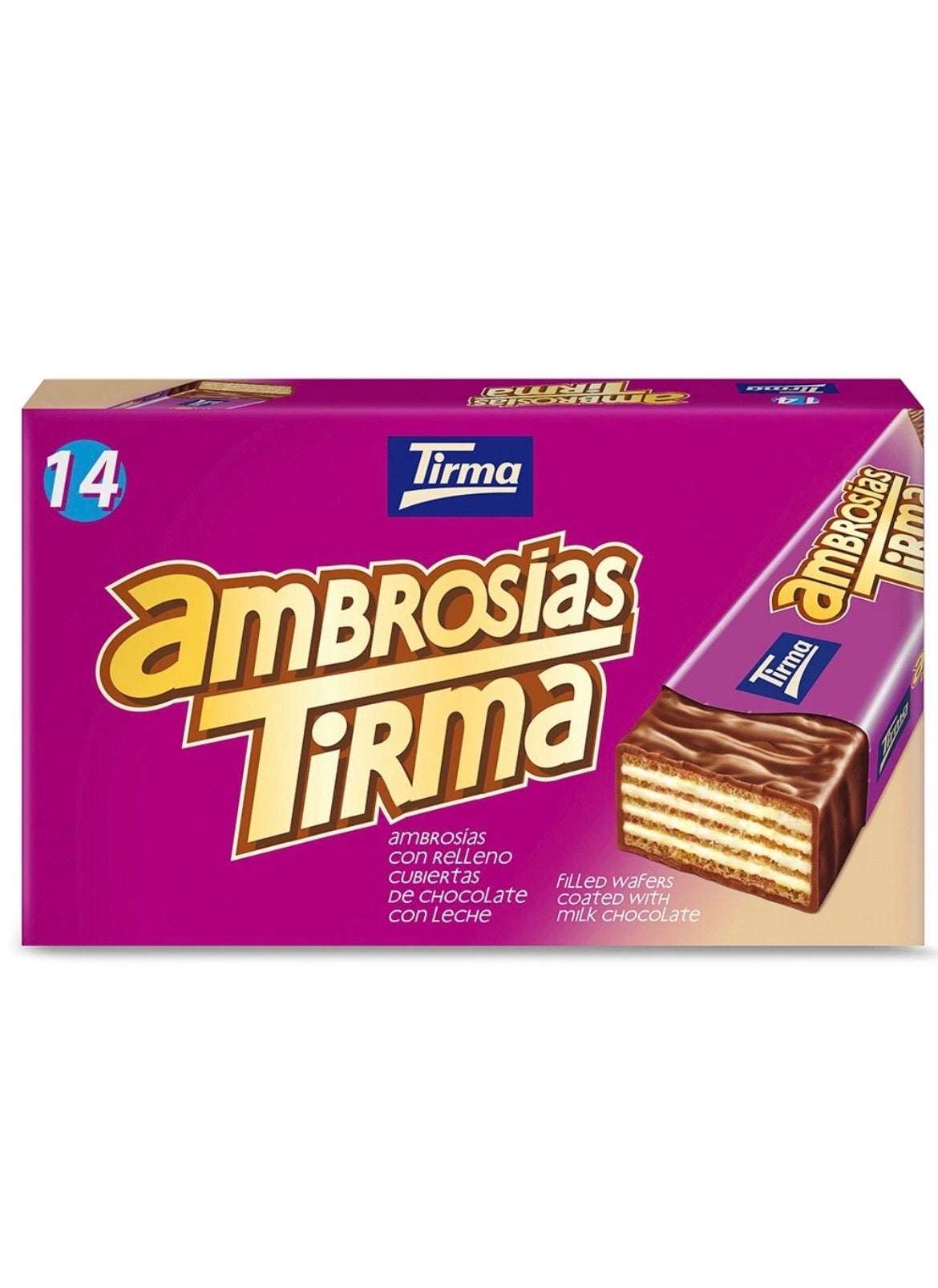 Chocolate Tirma Ambrosías de Canarias, caja con 14 unidades de dulces tradicionales en envoltorios individuales.