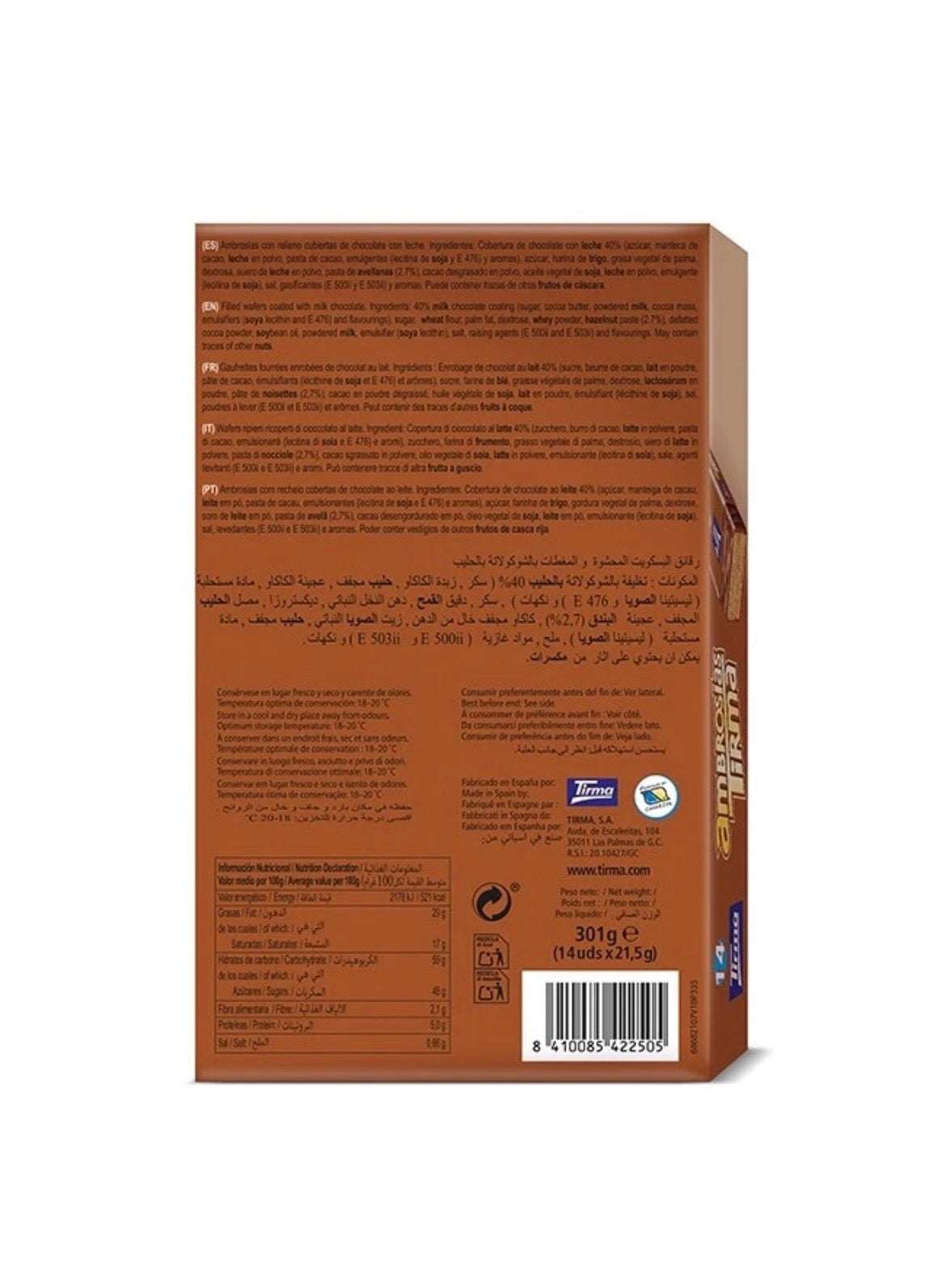 Chocolate Tirma Ambrosías de Avellana, tradicionales de Canarias, en caja con 14 unidades, de la marca Tropical Canary Shop.