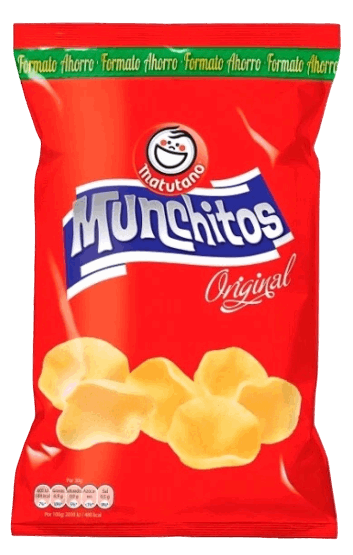 Snack de papas fritas Munchitos Canarias sabor clásico y ajo, paquete de 160g, en envase con diseño colorido.