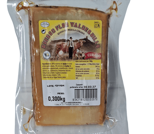 Queso de mezcla curado Flor Valsequillo de vaca y cabra, 300g, con corte en rebanadas, queso artesanal de Gran Canaria.