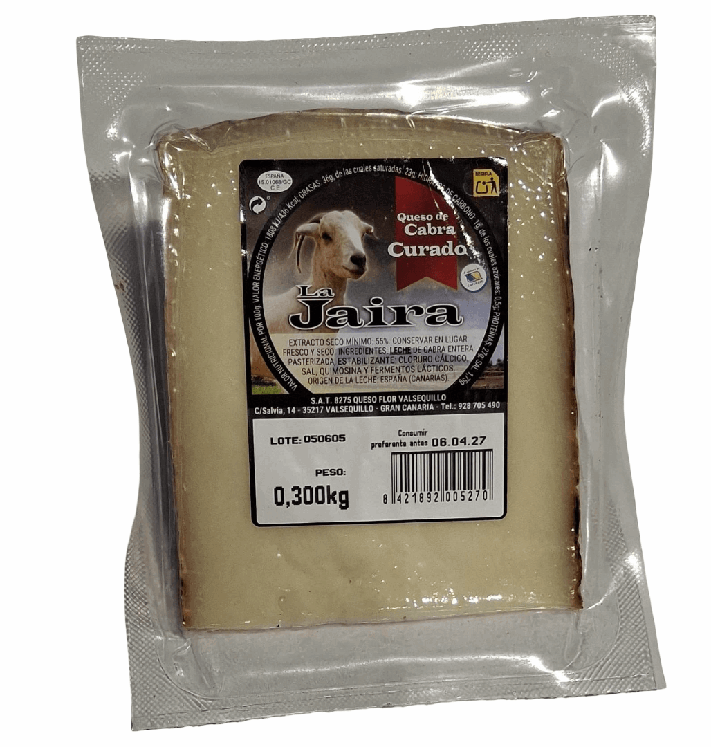 Queso de cabra curado La Jaira de 300g, queso artesanal de Gran Canaria, con corte que muestra su textura y color natural