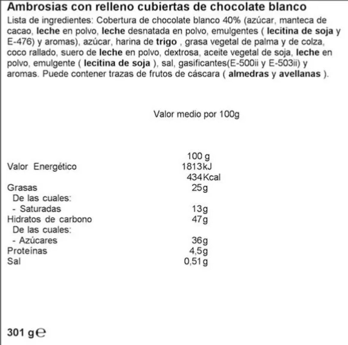 Chocolates Tirma Ambrosías de chocolate blanco, tradicionales de Canarias, 14 unidades, en empaque con detalles decorativos.