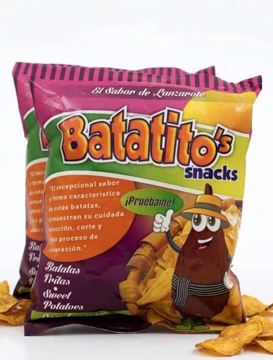 Batatitos snacks de Tropical Canary Shop, paquete de 2x80g con crujientes batatas fritas de Lanzarote con sabor canario.