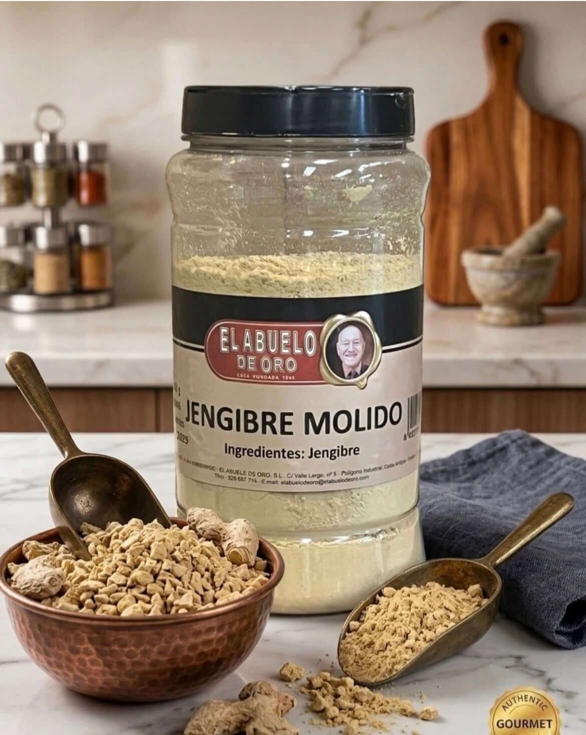 Jengibre molido premium de Canarias en envase de 550g de la marca Tropical Canary Shop, especia con sabor intenso y aroma natural.