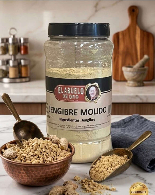 Jengibre molido premium de Canarias en envase de 550g de la marca Tropical Canary Shop, especia con sabor intenso y aroma natural.