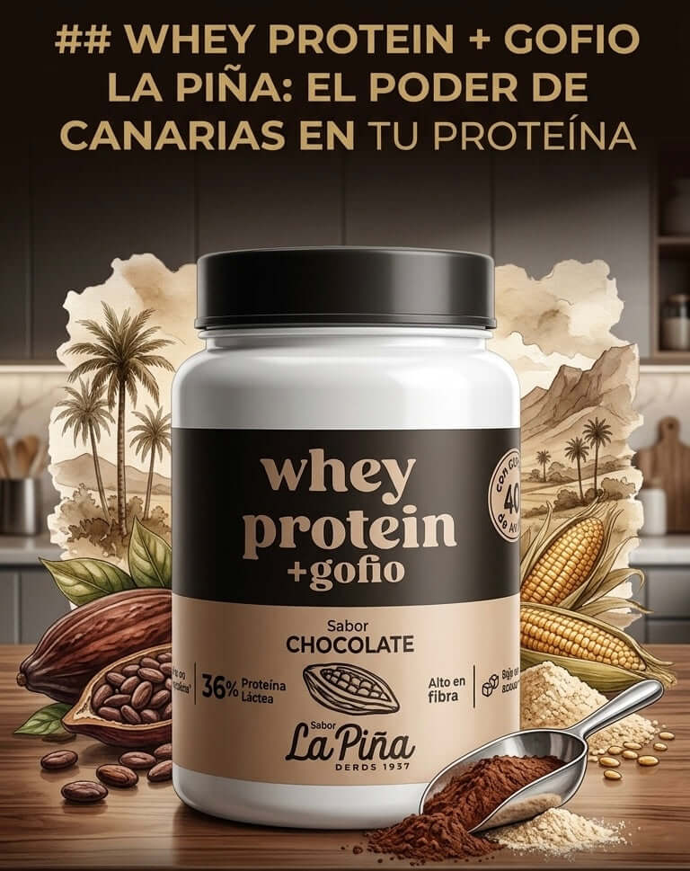 Proteína de suero y gofio La Piña sabor chocolate en envase de 400g, producto de Proteína de Suero Canaria.