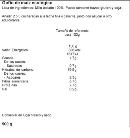 Gofio de maíz ecológico La Piña de Tropical Canary Shop en paquete de 500 g, color dorado y textura fina, visible en la imagen.