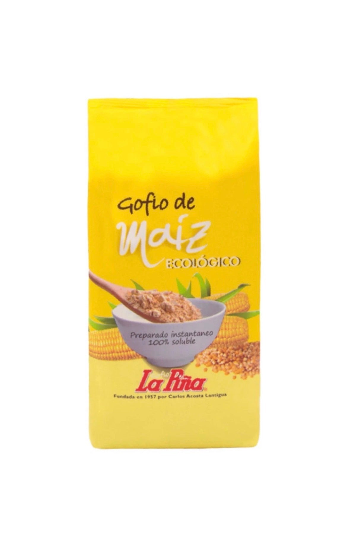 Gofio de maíz ecológico La Piña, 500 g, en envase de Tropical Canary Shop, mostrando el producto en su paquete.