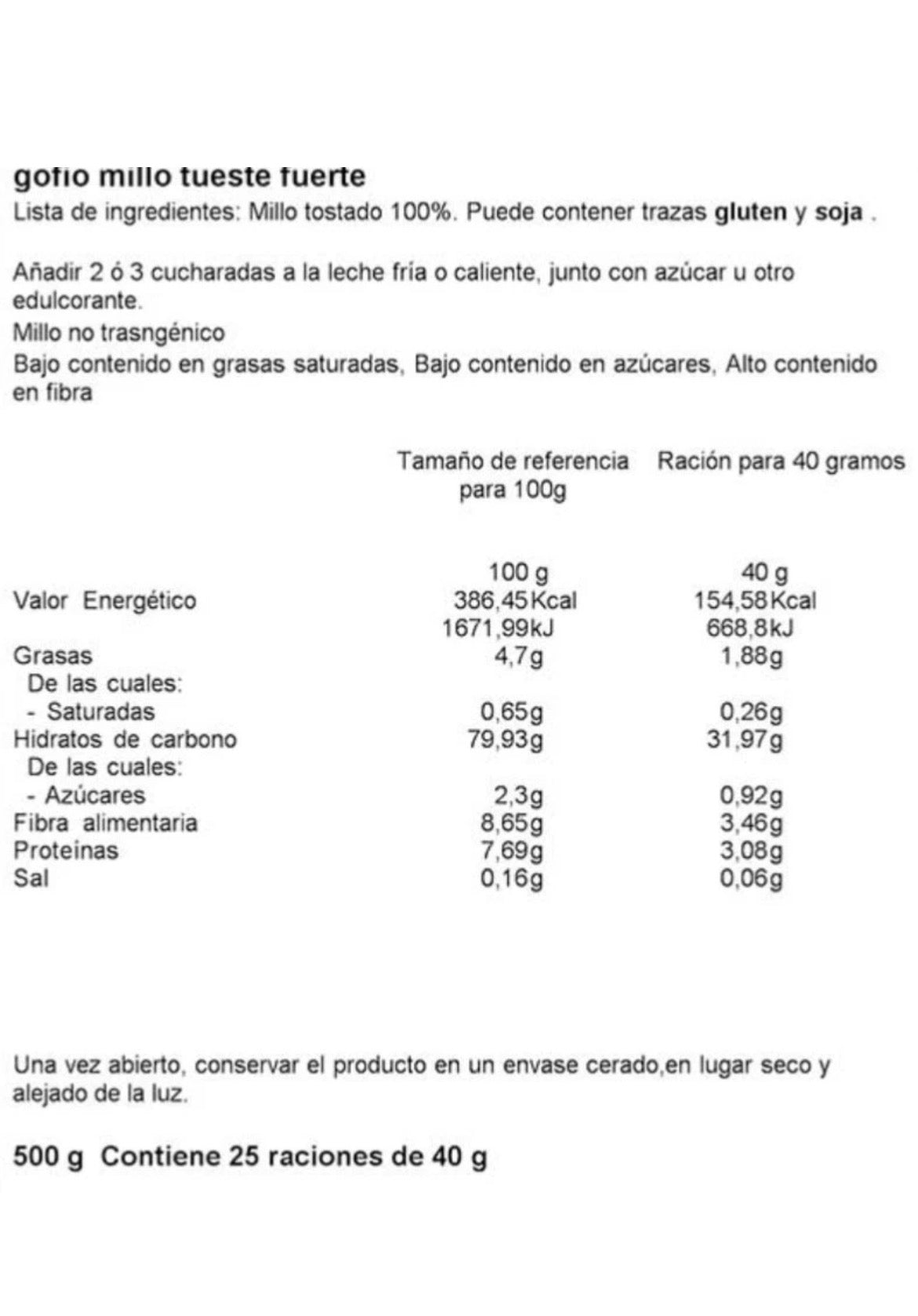 Gofio Canario La Piña Millo 500 g Tueste  Fuerte | -Dark Roast Corn