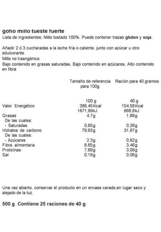 Gofio Canario La Piña Millo 500 g Tueste  Fuerte | -Dark Roast Corn