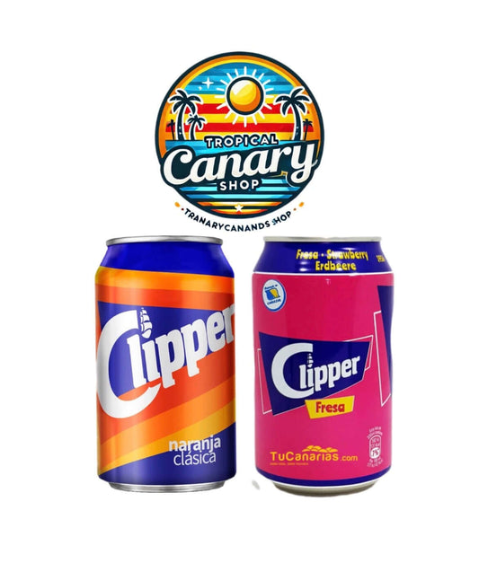 Latas de refresco Clipper Tropical Canary Shop con sabores fresa y naranja, pack de 2 latas de 33cl en imagen.
