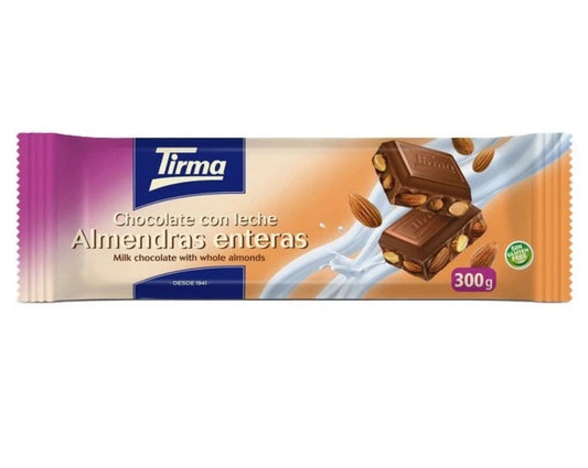 Tableta de chocolate Tirma con almendra entera, 300g, mostrando la textura y las almendras en una caja de chocolates Tropical Canary Shop.