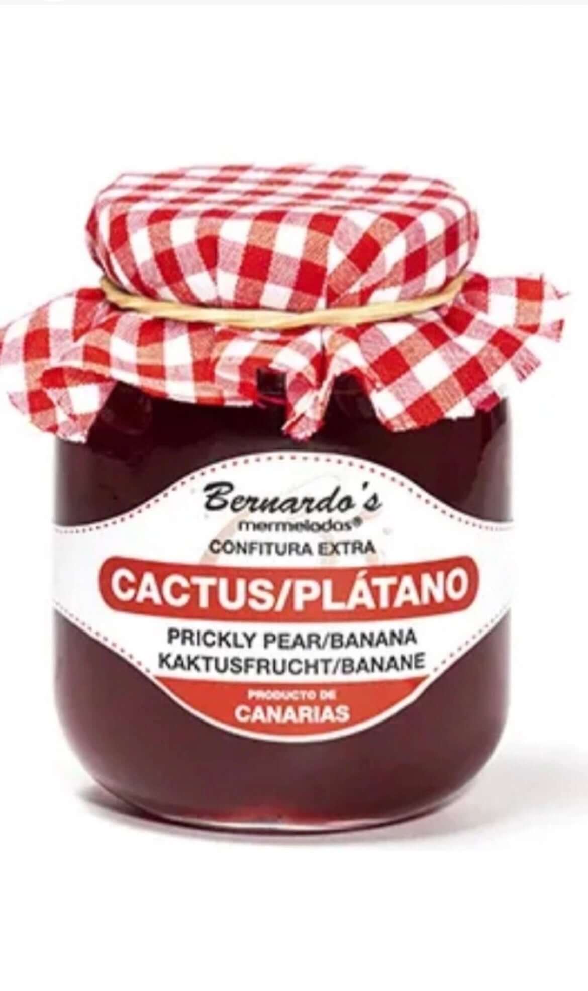Mermelada de cactus y plátano de 240g de la marca Bernardo's, delicia gourmet con fruta tropical en frasco.